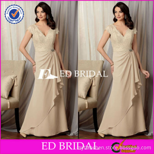 M1819 High Quality V Neckline Cap Sleeve Lace Chiffon Nude Mother Of The Groom Dress